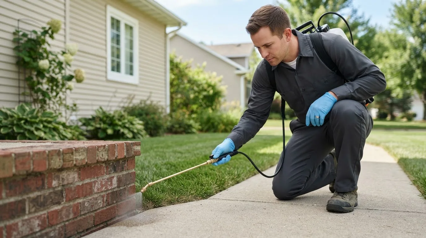 Pest control technician treating a home near Le Raysville, PA